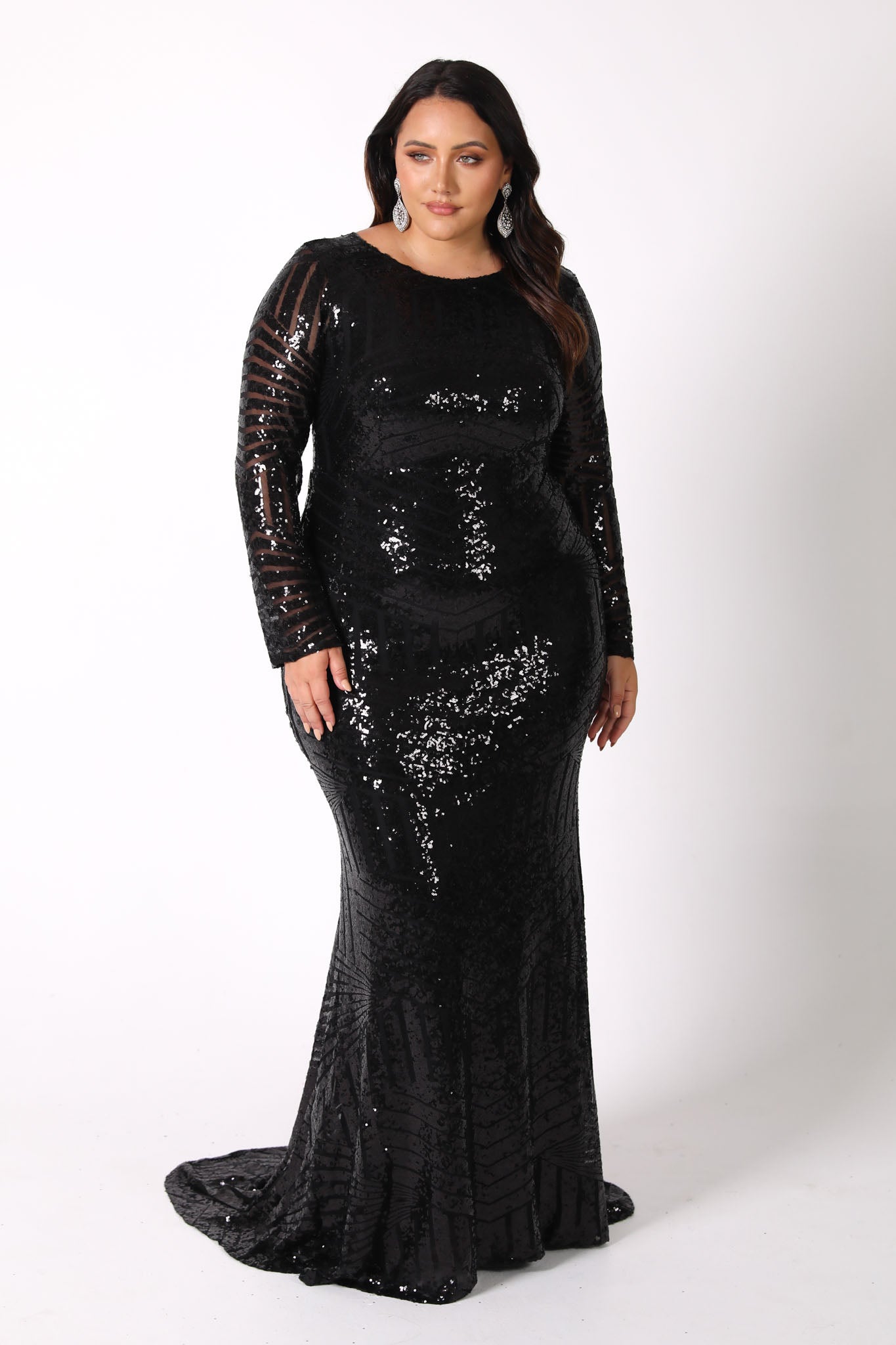 ALIYA Long Sleeve Sequin Gown - Black ...